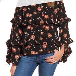 Bp. Nordstrom Black Floral Tiered Ruffle Long Bell Sleeve Blouse / Sz‎ S